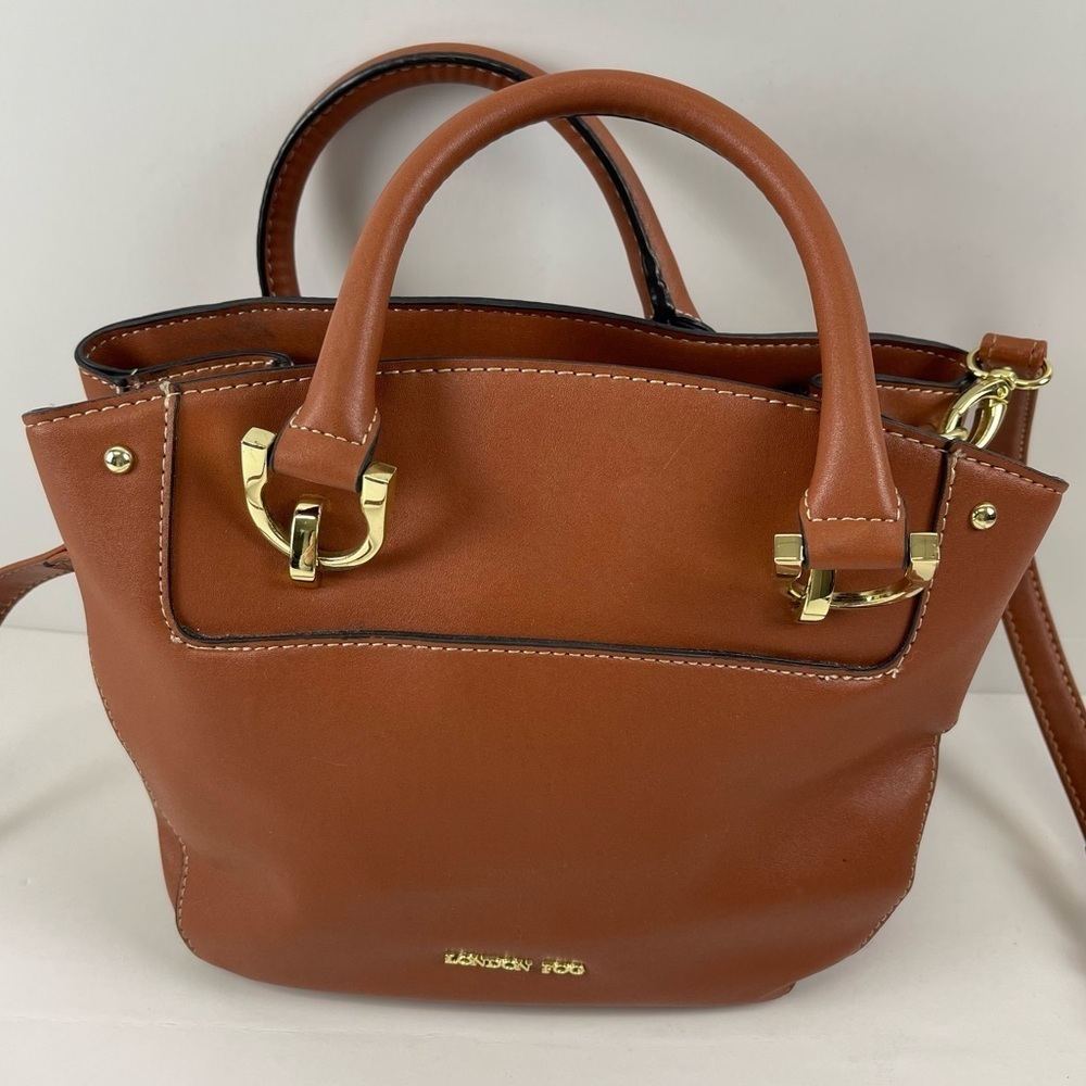 London Fog Satchel Tan Cognac Color Crossbody Multiple Pockets Sections - Picture 2 of 14